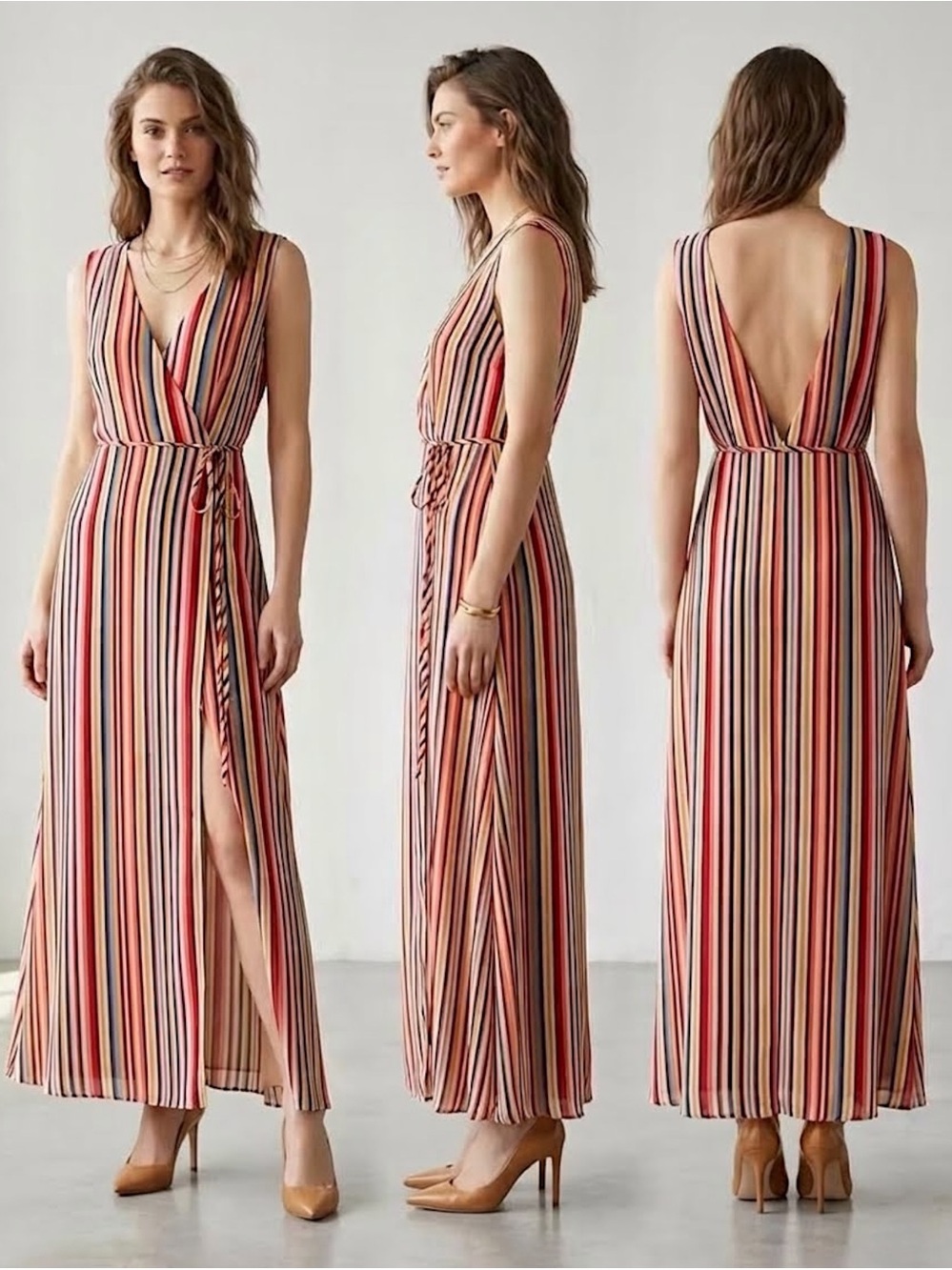 WAYF Bobby Wrap Maxi Dress Rainbow Stripe Retro V-Neck Medium